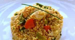 Sauté de boulgour aux légumes, poulet et crevettes